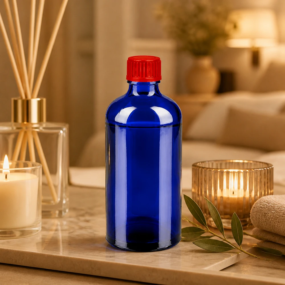 Flacon de 100ml 11mm SV rouge STD BlueLine UT18/100 Bouteille BlueLine polyvalente de 100 ml pour les produits cosmétiques et pharmaceutiques d'aromathérapie