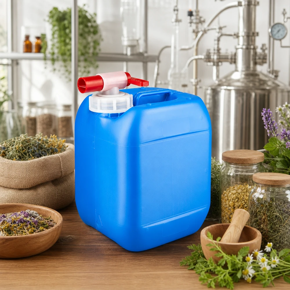 Bidon bleu de 5 litres contenant un extrait d'herbes, muni d'un robinet, à côté d'un mortier, de récipients en verre et de plantes séchées