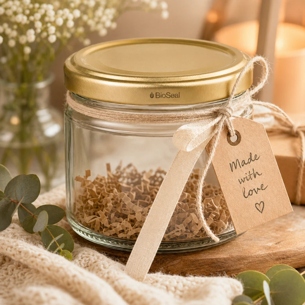 UniTWIST Runda330 Bocal à provisions avec couvercle TO82 BioSeal doré emballé de manière décorative comme cadeau avec ruban