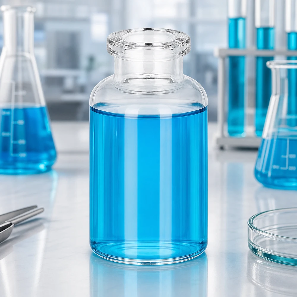 Flacon pour solution injectable, 20 ml en verre clair Injektionsvial 20ml Klarglas auf weißer Laborbank neben Petrischale und Pinzette