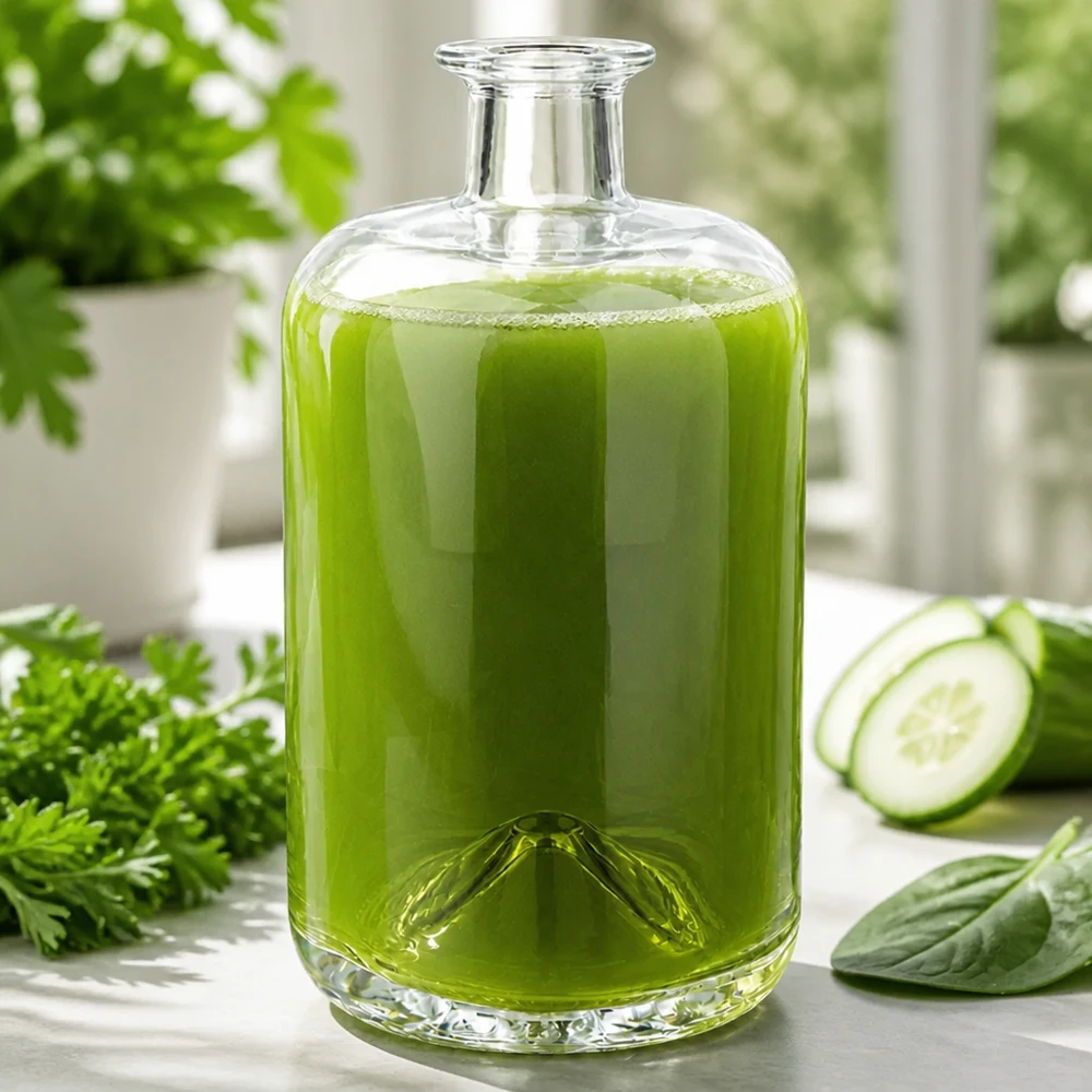 Flacon à pharmacie « Sofia » 700 ml sans bouchon UNiTWIST® Bouteille en verre de 700ml Sofia remplie de smoothie vert en plus de concombre persil et épinards scène d'alimentation saine