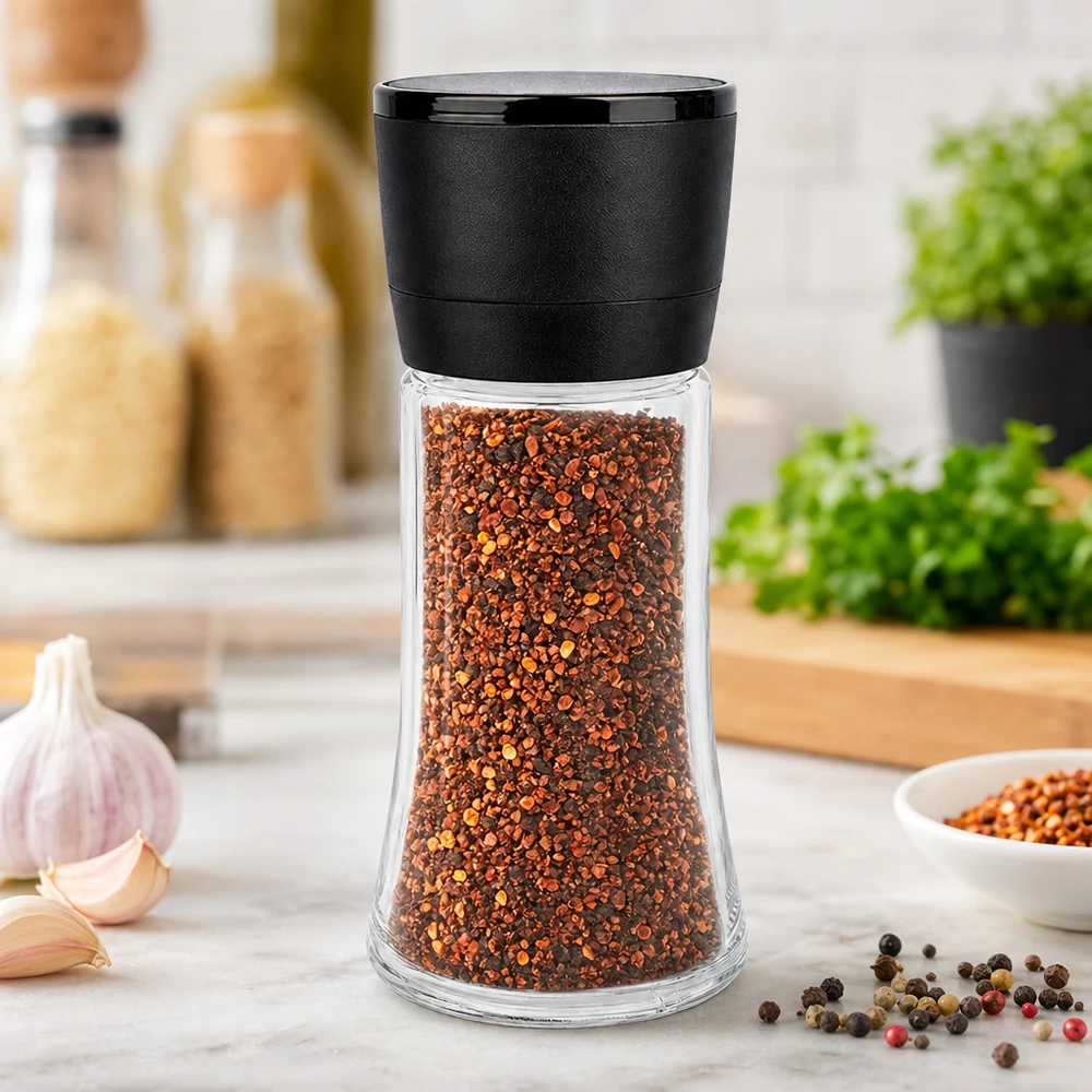 Pot à sel/épices 95 ml avec moulin Vario noir Moulin « Schwarze Mühle Vario » sur un récipient en verre transparent de 95 ml, rempli de flocons de piment rouge, dans un décor de cuisine