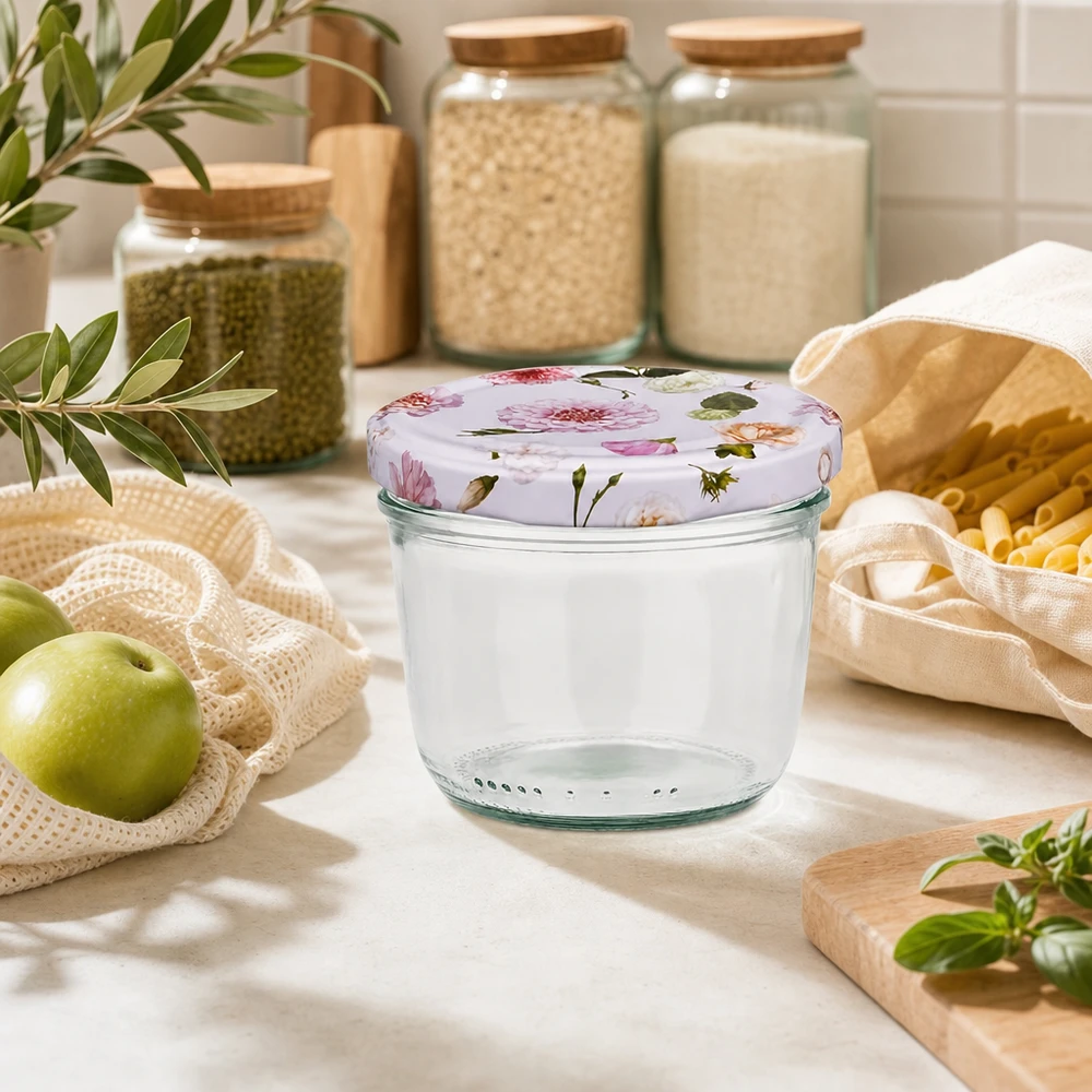 Verres 230 ml + couvercle BasicSeal rose... Pot renversé vide de 230ml avec couvercle BasicSeal rose motif floral dans un environnement de cuisine durable avec bocaux à provisions