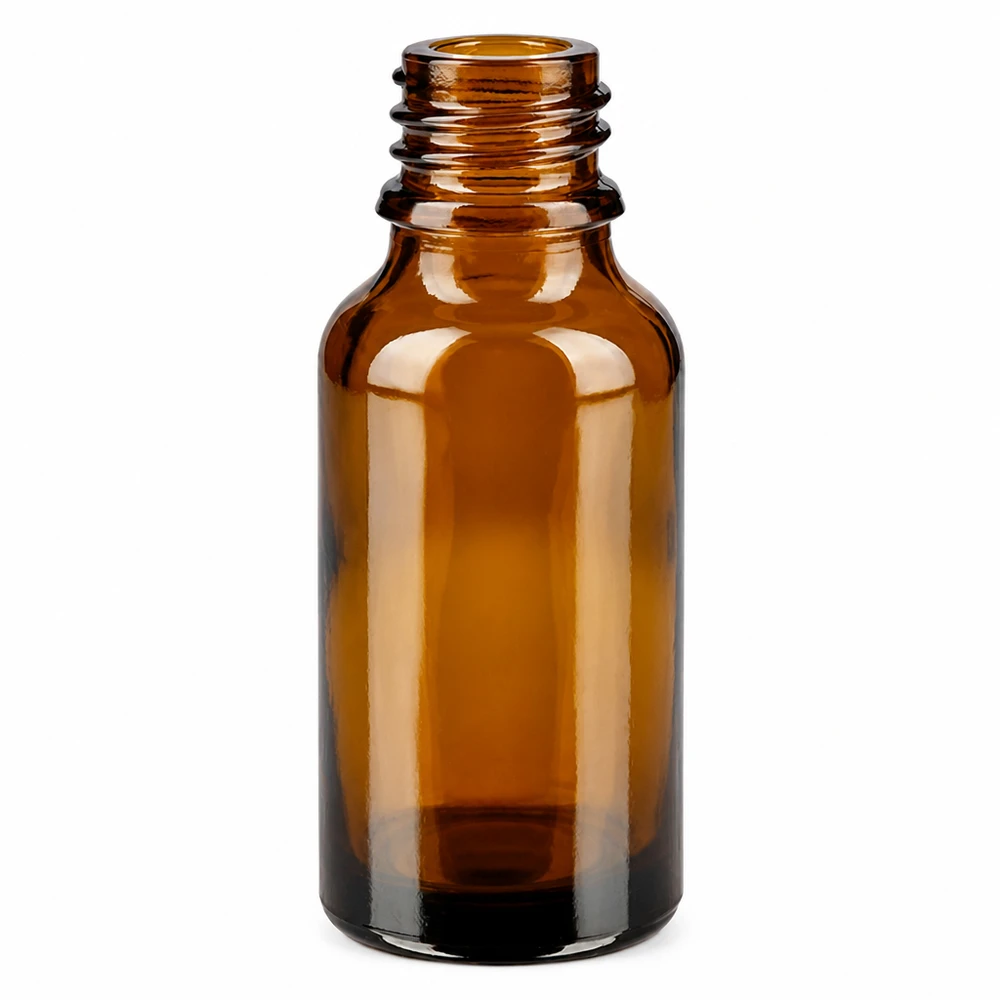 Flacon de pharmacie 20 ml DIN18 - verre ambré Bouteille de pharmacie brune 20ml forme haute ApoGlas vide sans bouchon sur fond blanc