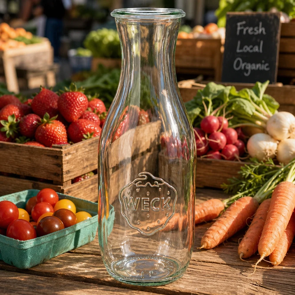 Bouteille à jus WECK RR60 de 1062 ml WECK Bouteille de jus 1062ml RR60 sur table en bois avec légumes frais du marché carottes radis tomates et panneau bio