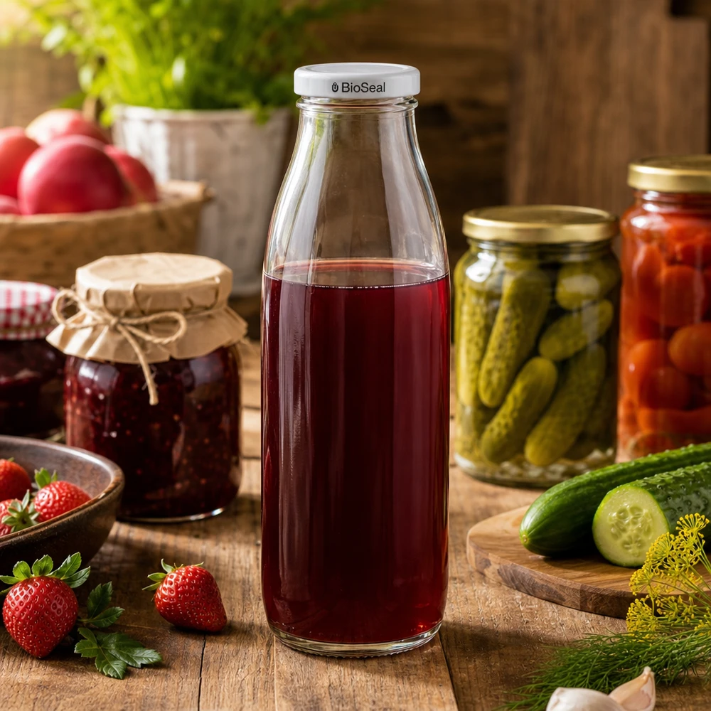 500ml Bouteille avec couvercle BioSeal blanc UNiTWIST Bouteille en verre de 500 ml remplie de jus rouge, couvercle BioSeal blanc, entourée de bocaux et de cornichons frais