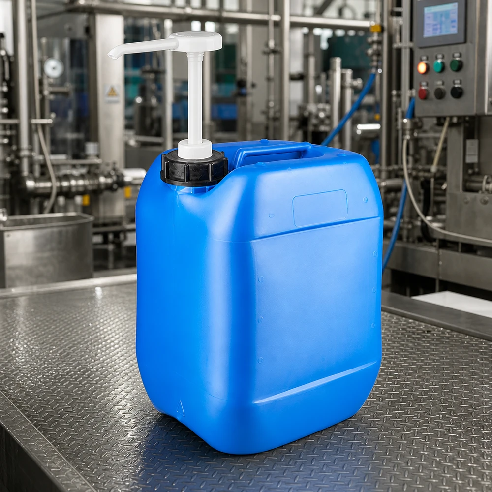 Bidon de 10 litres bleu avec pompe doseuse Bidon compact en plastique bleu de 10 litres, équipé d'une pompe verseur, posé sur une tôle striée dans un environnement industriel