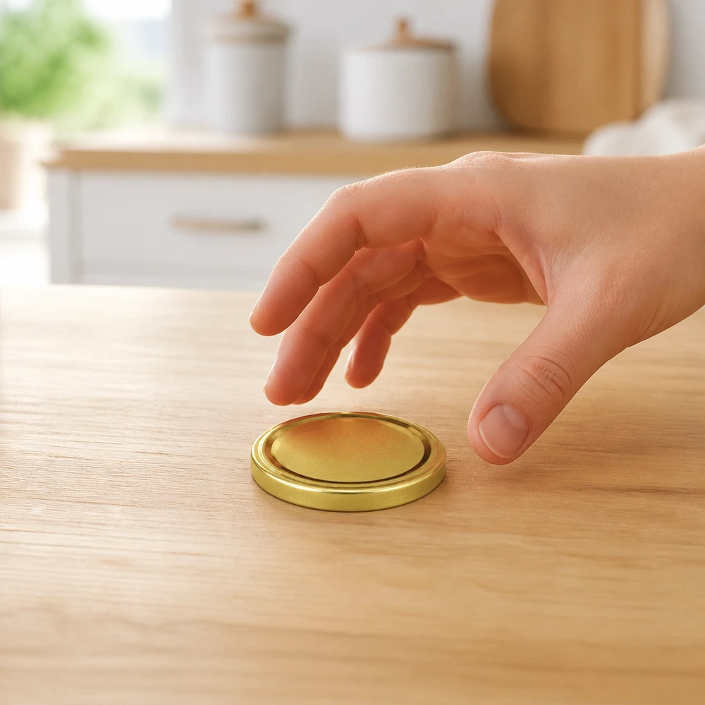 Couvercle BasicSeal 63 mm doré (TO63) UNiTWIST Une main saisit un couvercle de bocal doré de 63 mm (modèle TO63 BasicSeal) posé sur le plan de travail de la cuisine
