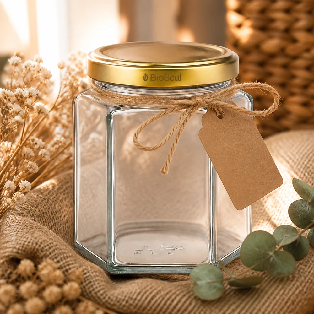 390ml Verre hexagonal avec couvercle BioSeal or UNiTWIST UNiTWIST Hexa390 Récipient en verre vide avec couvercle BioSeal doré et étiquette cadeau dans une scène de décoration naturelle