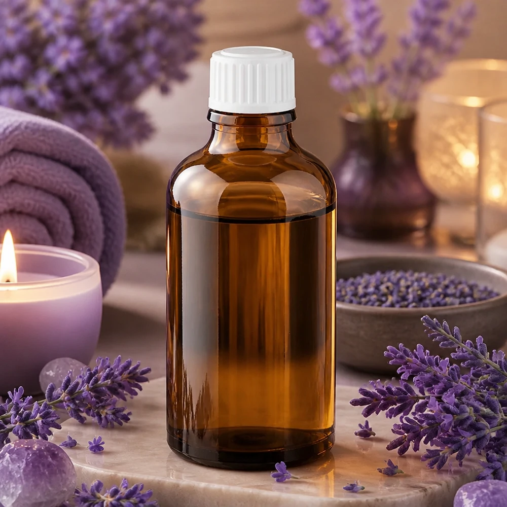 Flacon de pharmacie brun 50ml bouchon compte-gouttes blanc 0.8mm Std Flacon en verre brun de 50 ml avec bouchon compte-gouttes blanc, dans une ambiance spa apaisante à la lavande
