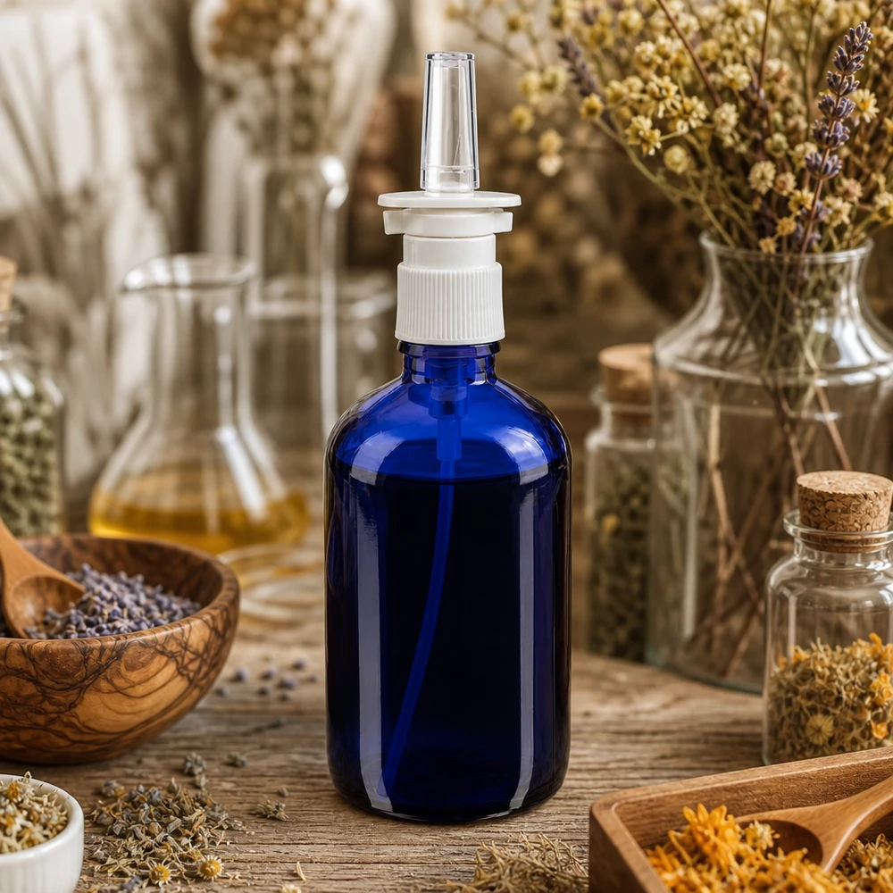 Flacon de pharmacie bleu 100ml vaporisateur nasal blanc standard Flacon de spray nasal de 100 ml en verre bleu cobalt avec une pompe blanche, posé sur une table rustique en bois