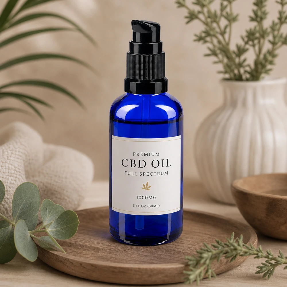 Flacon de pharmacie bleu cobalt de 50 ml avec pompe doseuse, présenté sur un plateau en bois au décor naturel