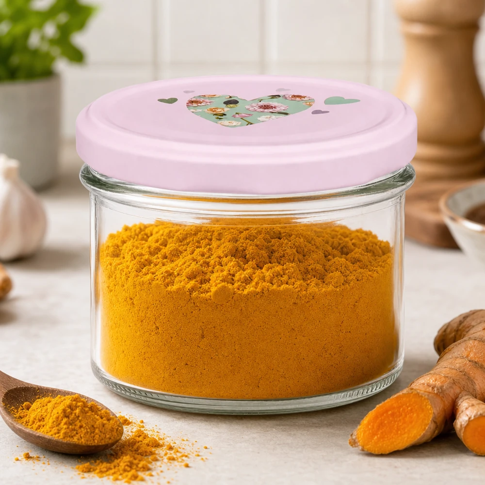 Verres de 225 ml + couvercle BasicSeal cur rose UNiTWIST Poudre de curcuma en bocal de 225 ml avec couvercle rose en forme de cœur dans la cuisine à côté de racines de curcuma fraîches