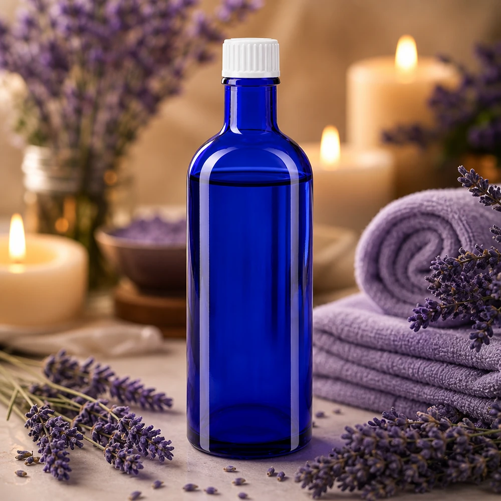 Flacon de pharmacie bleu 200ml bouchon vissable blanc standart Flacon de pharmacie bleu de 200 ml, agrémenté de lavande et d'accessoires de bien-être