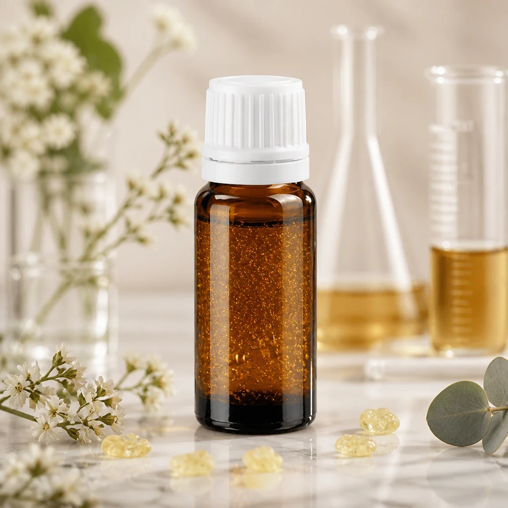 Flacon compact en verre ambré de 10 ml avec un bouchon à vis blanc rainuré, posé sur un fond marbré orné de fleurs