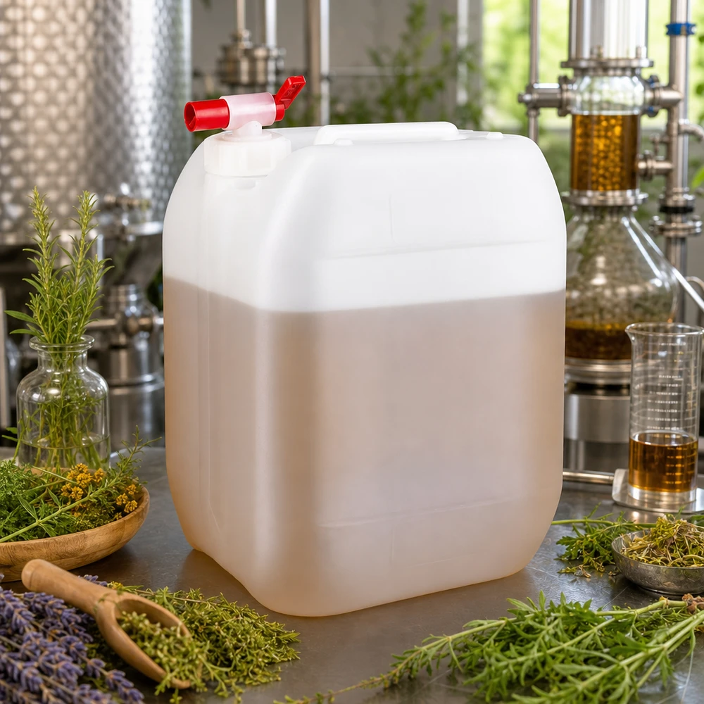 Bidon en plastique de 10 litres adapté au contact alimentaire, muni d'un robinet rouge, disponible chez Aromadestillerie
