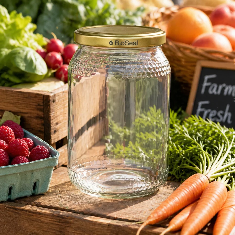 900ml pot de miel BioSeal couvercle doré entre légumes frais fraises carottes radis marché fermier atmosphère