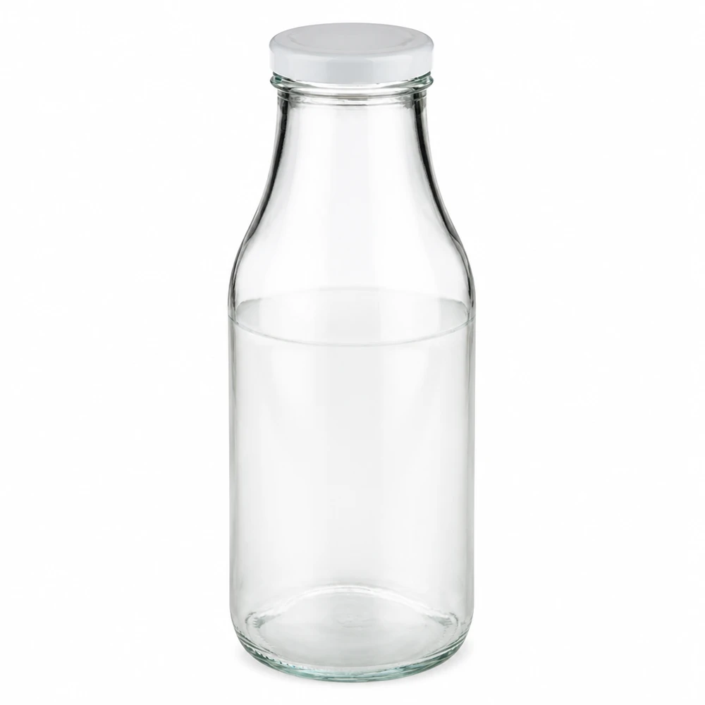 Bouteille en verre de 330 ml + couvercle BasicSeal blanc UNiTWIST Bouteille ronde en verre de 330 ml avec bouchon BasicSeal blanc, idéale pour le lait et les jus