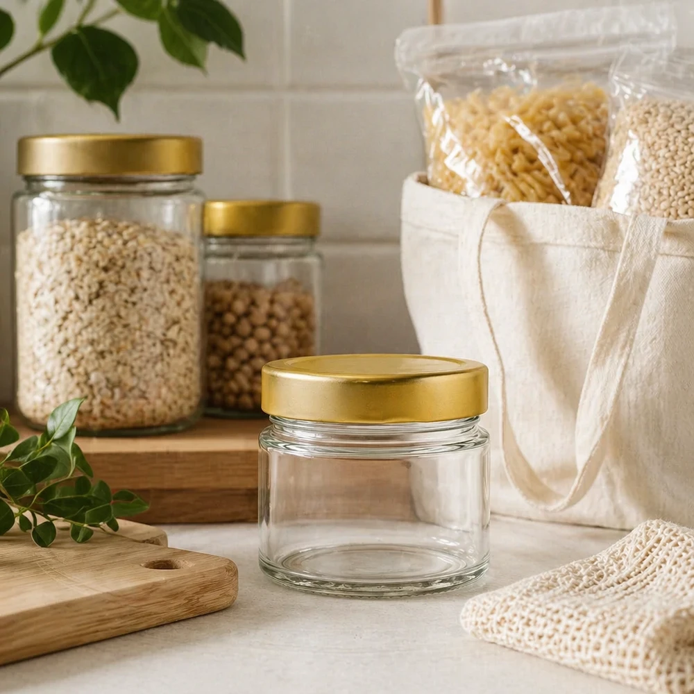 80ml Verre rond avec couvercle BasicSeal or UNiTWIST Petit bocal rond de 80ml avec couvercle BasicSeal gold deep dans un environnement de cuisine durable avec des ustensiles de stockage