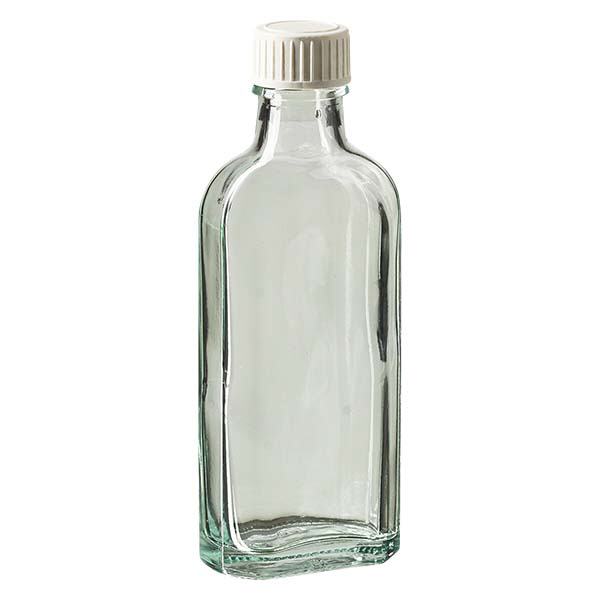 Flasque transparente de 100 ml au goulot DIN 22, avec bouchon à vis DIN 22 blanc en PP et joint mousse en PE Flasque transparente de 100 ml au goulot DIN 22, avec bouchon à vis DIN 22 blanc en PP et joint mousse en PE
