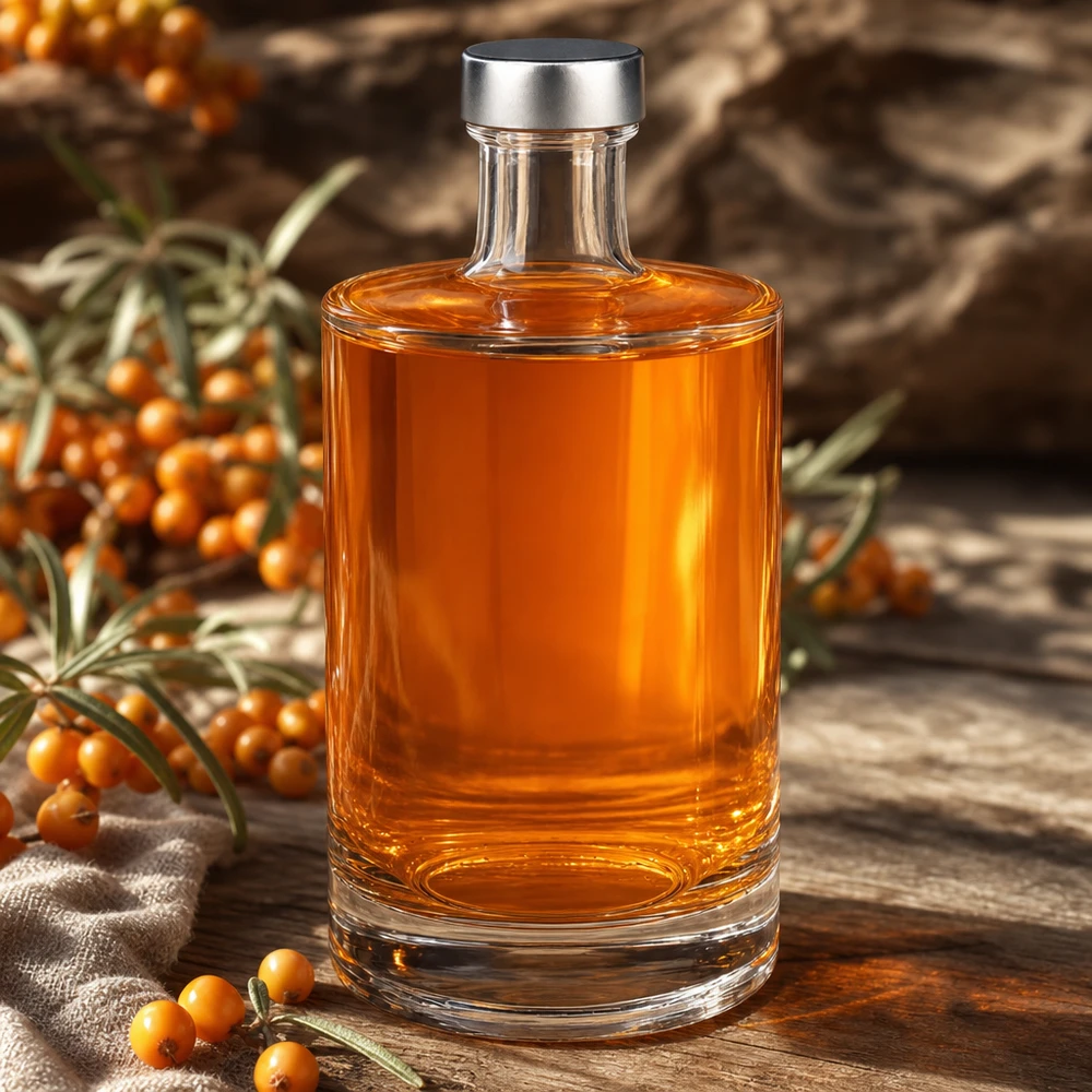 Bouteille en verre 500 ml « Sam » et bouchon à vis argenté UNiTWIST® Bouteille en verre Sam de 500 ml remplie de liqueur d'argousier à côté de baies d'argousier sur une planche en bois Décoration automnale