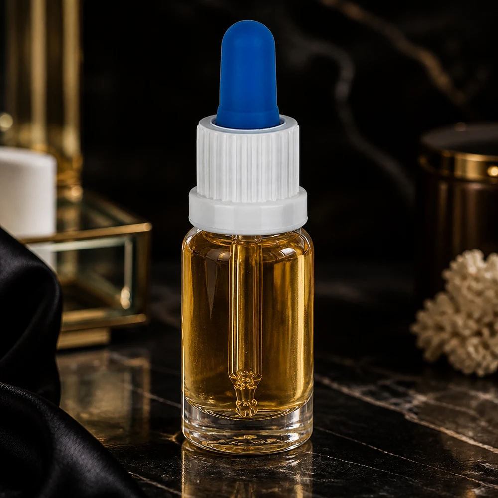 Flacon à pipette 10ml blanc/bleu OV ClearL. UT18/10 Élégant flacon pipette en verre transparent de 10 ml contenant de l'huile ambrée sur fond de marbre noir