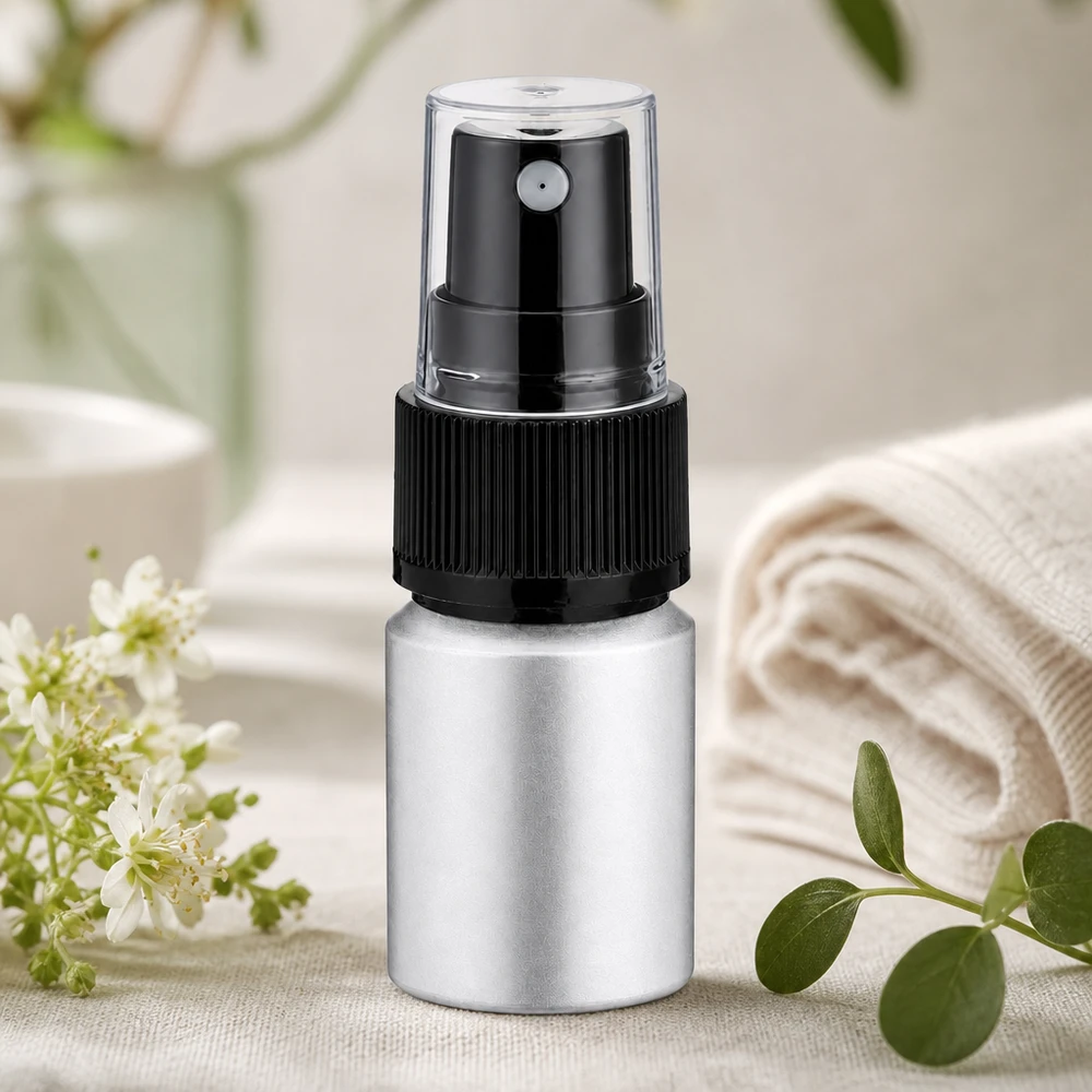 Bouteille en aluminium teinté 10 ml, avec vaporisateur à pompe noir Flacon en aluminium réutilisable de 10ml avec vaporisateur pour un emballage cosmétique durable argenté