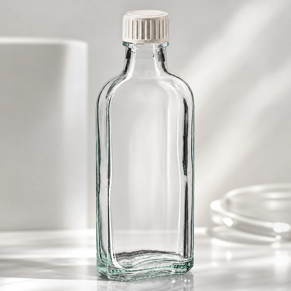Flasque transparente de 100 ml au goulot DIN 22, avec bouchon à vis DIN 22 blanc en PP et joint mousse en PE Flacon Meplat vide de 100 ml avec bouchon à vis étanche et insert en mousse, sur fond blanc
