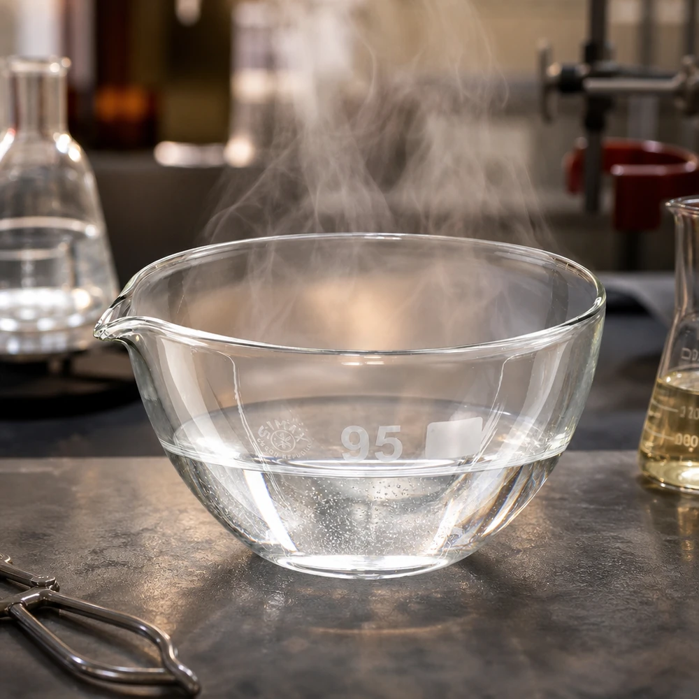 Capsule d’évaporation 170 ml en verre borosilicate, avec bec verseur Bol d'évaporation en borosilicate transparent avec bec verseur pour contrôler le déversement des liquides