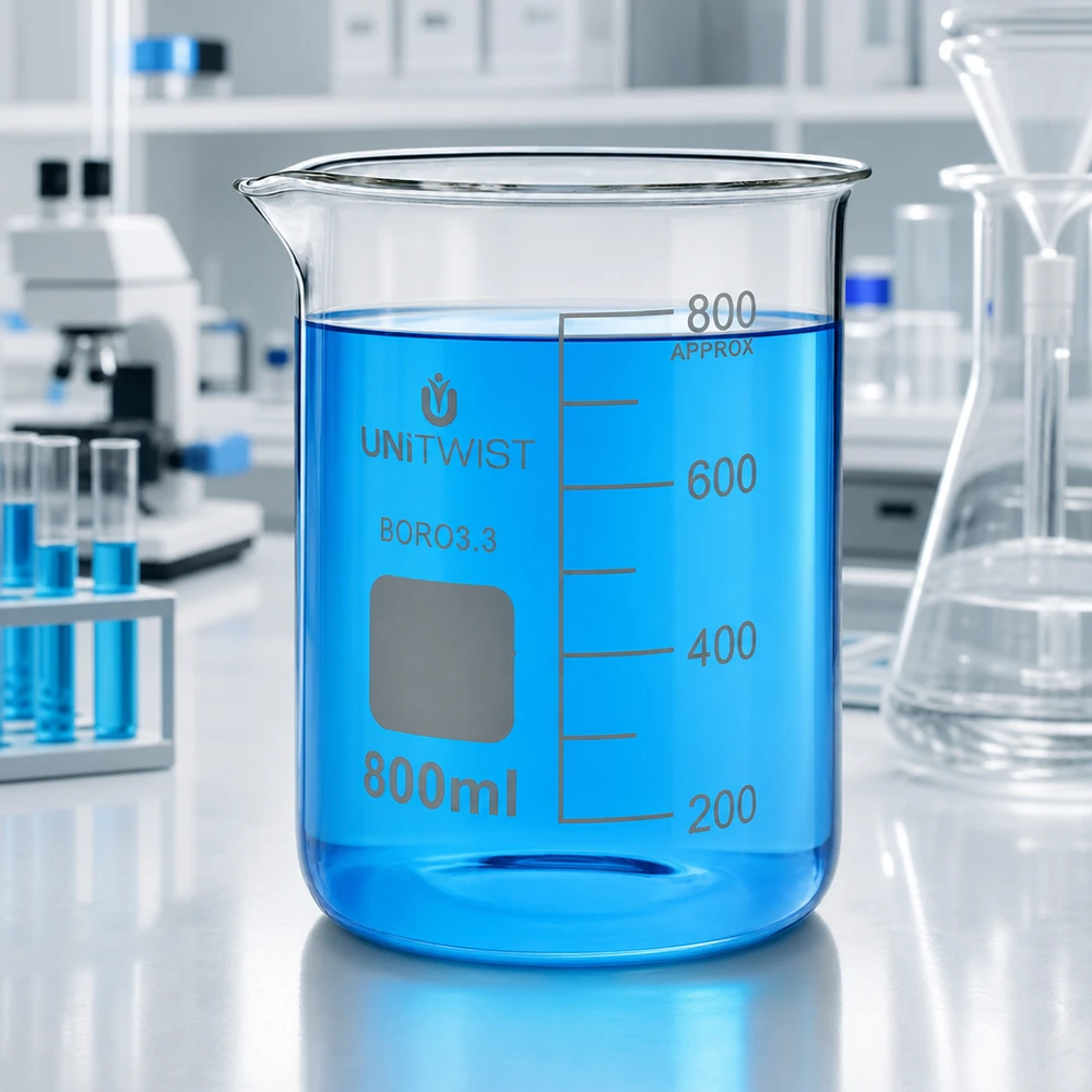 Verre de laboratoire UNiTWIST : bécher de 800 ml à profil bas destiné aux applications chimiques