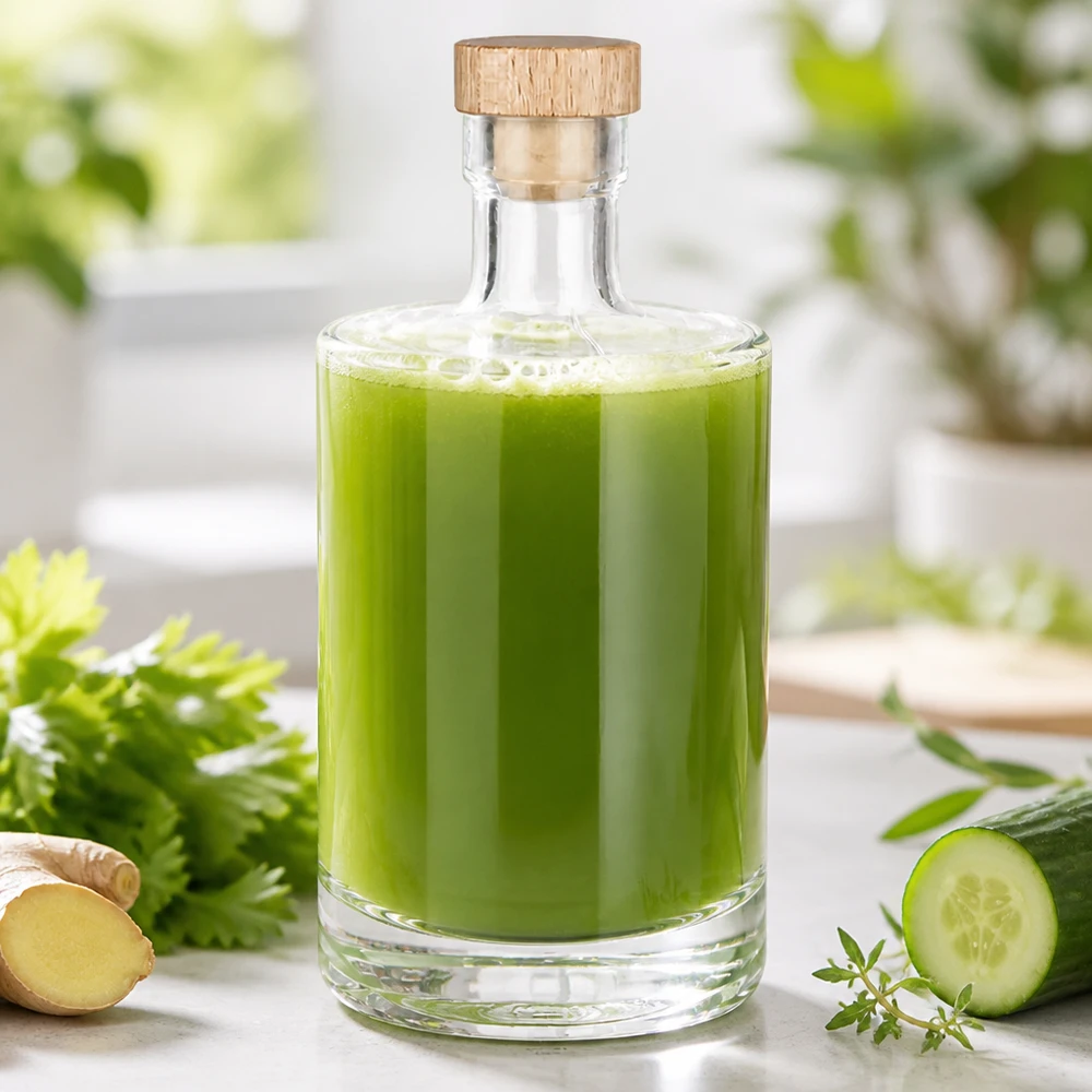 Bouteille en verre 500 ml « 500ml Glasflasche "Marie" mit Holzgriff-Korken UNiTWIST » avec bouchon en bois UNiTWIST® Bouteille en verre Marie de 500ml remplie de jus de légumes verts - bouchon en bois - photo lifestyle avec concombre et gingembre