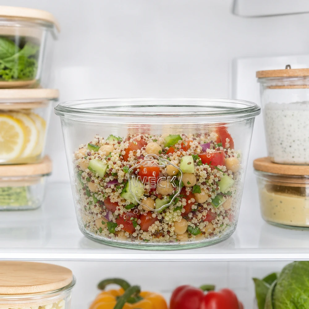 WECK Pot renversé 370ml RR100 rempli de salade de quinoa au réfrigérateur pour la préparation des repas et la conservation des provisions