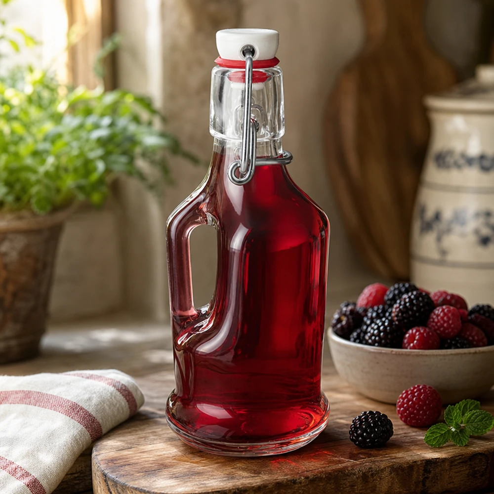 Bouteille en verre 200 ml « Bertha » et bouchon en porcelaine UNiTWIST® 200ml Bouteille en verre Bertha remplie de baies rouges Lifestyle Scène Ambiance cuisine Porcelaine Bouchon à étrier UNiTW