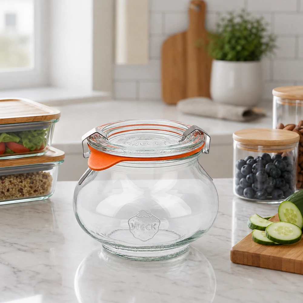 WECK Pot à bijoux 220ml RR60 dans une cuisine moderne avec des récipients Meal-Prep, pot de conservation polyvalent pour les provisions