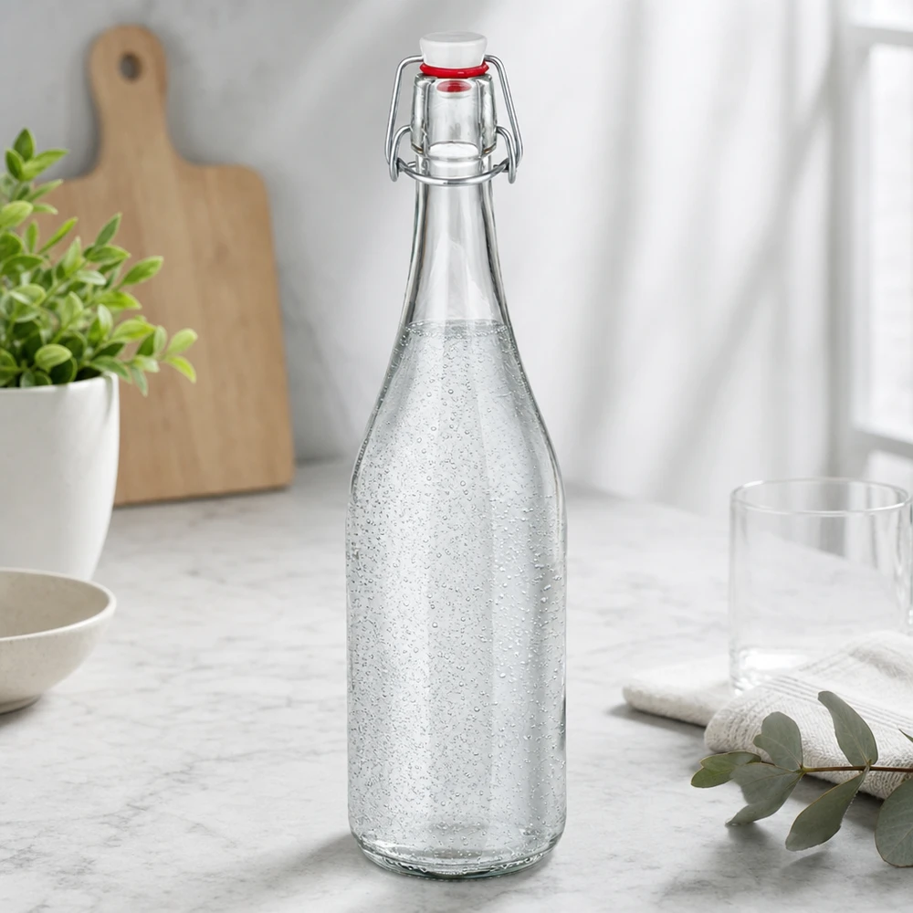 Bouteille en verre de 750 ml + bouchon mécanique en PVC UNiTWIST Bouteille en verre de 750 ml avec bouchon à étrier remplie d'eau gazeuse Scène de cuisine marbre Plan de travail moderne
