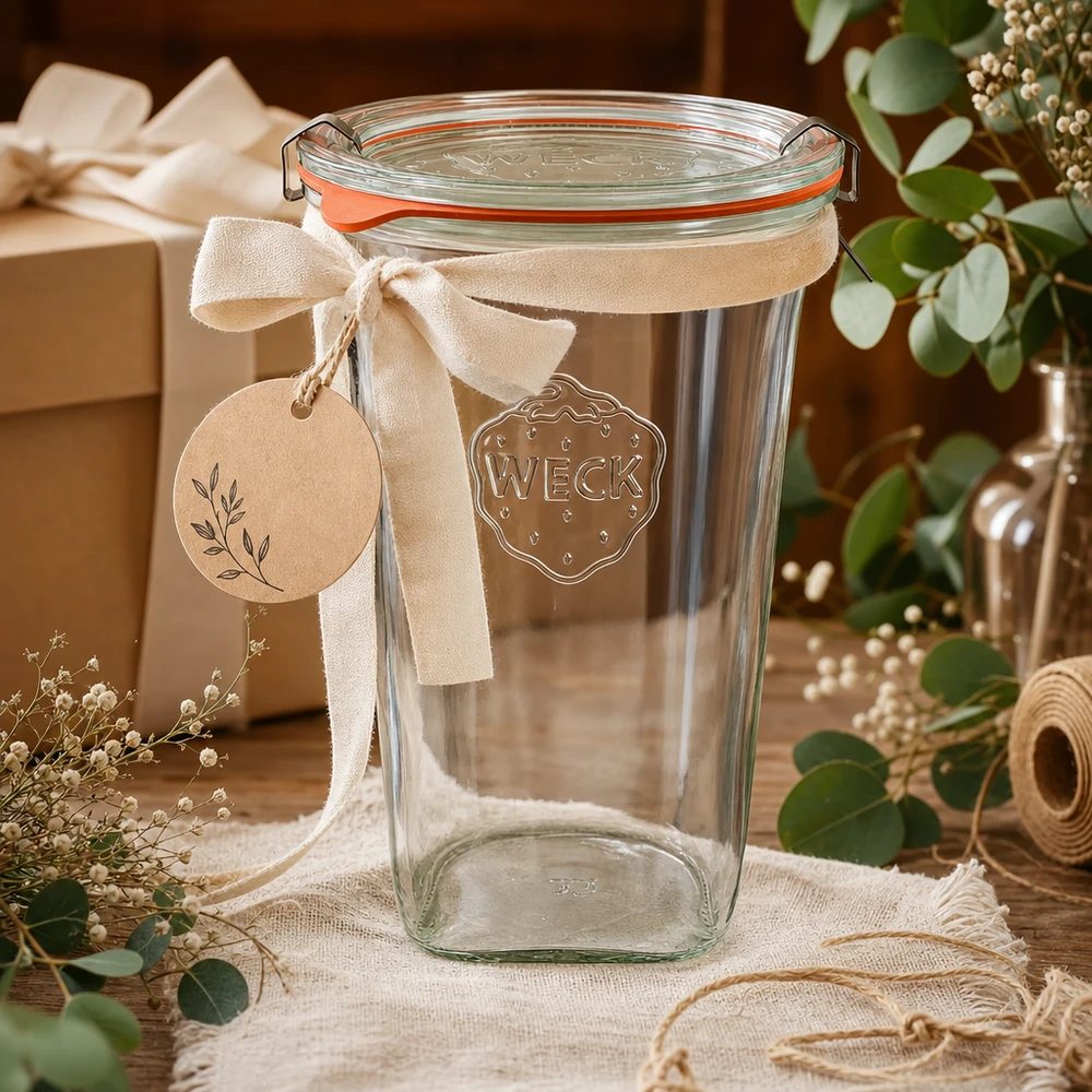 WECK Quadroglass 795ml RR100 comme idée de cadeau avec ruban et pendentif dans une décoration rustique