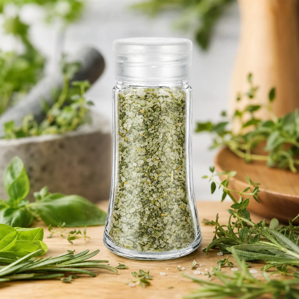 Pot à sel/épices 95 ml avec saupoudreuse, blanc Sel aux herbes dans un pot en verre transparent de 95 ml, muni d'un couvercle saupoudreur blanc et orné d'herbes fraîches