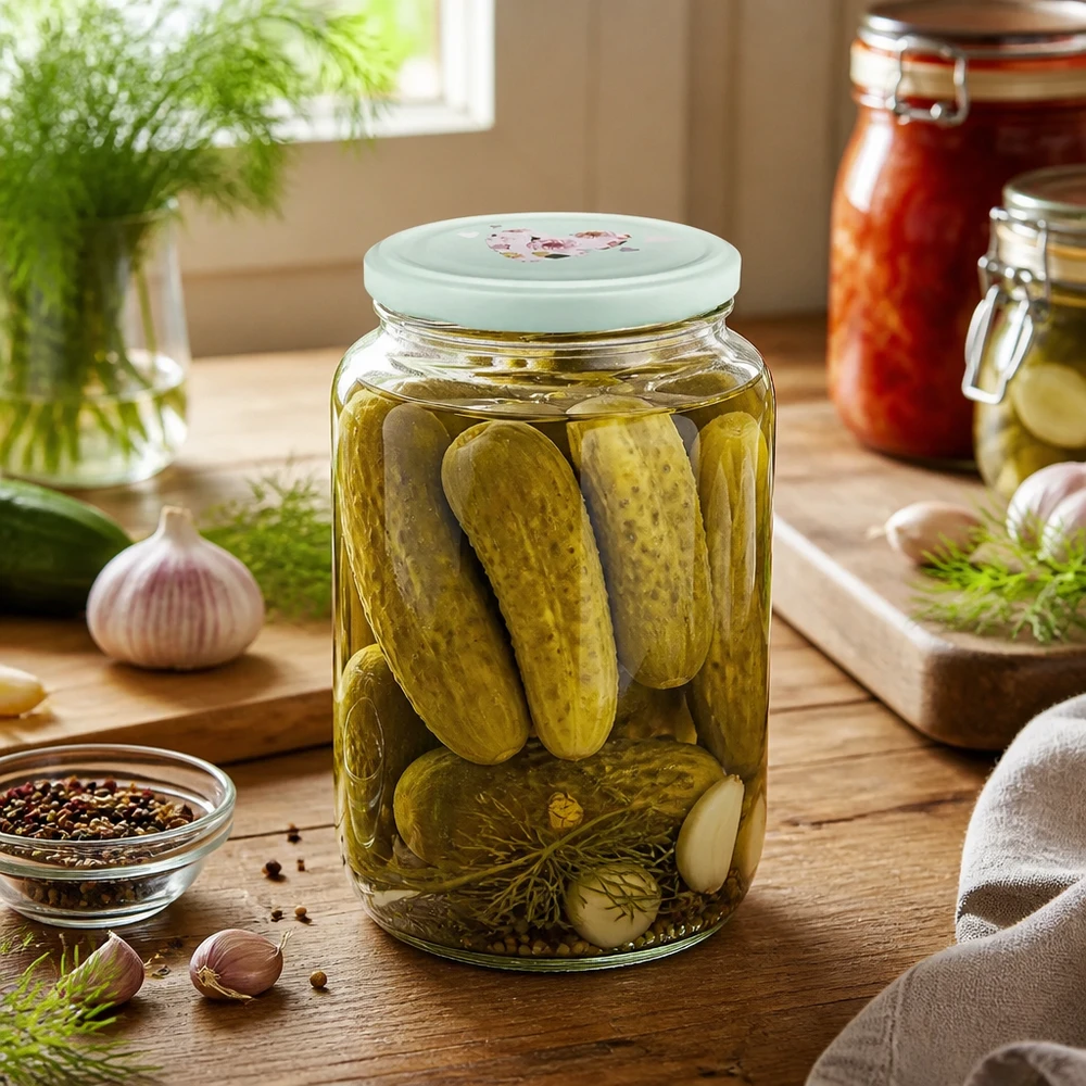 795ml bocal rond rempli de cornichons montre menthe couvercle en forme de cœur lors de la mise en conserve des légumes dans la cuisine rustique