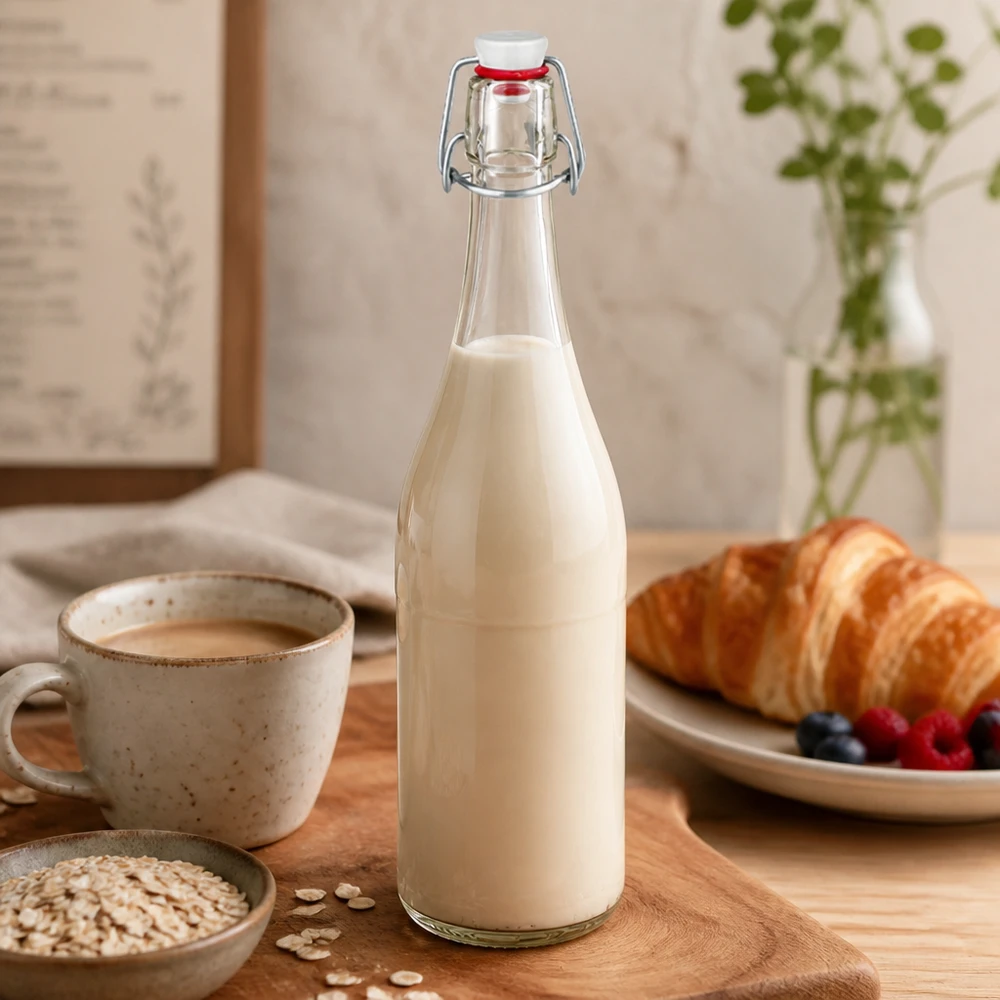 750ml Bouteille en verre avec bouchon à étrier remplie de lait Scène de cuisine Petit déjeuner Croissant Flocons d'avoine naturels