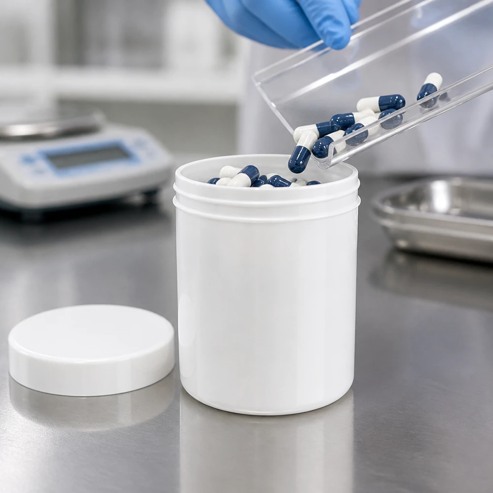Pot blanc de 100 g avec couvercle rabattable et capsules, posé sur une surface en acier inoxydable dans un laboratoire