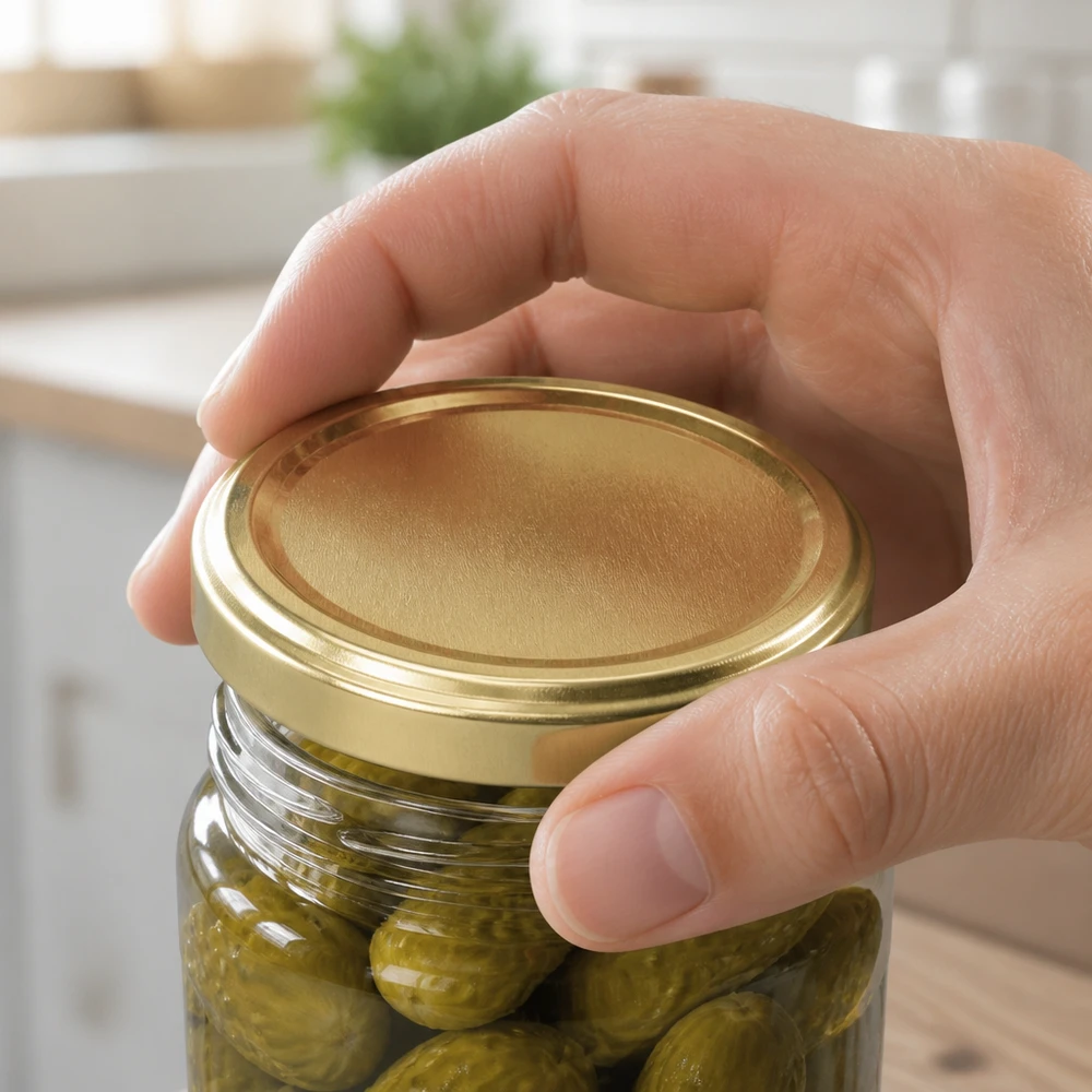 Couvercle à vis doré de 66 mm « BasicSeal UNiTWIST TO66 » sur un bocal de conservation rempli dans une cuisine