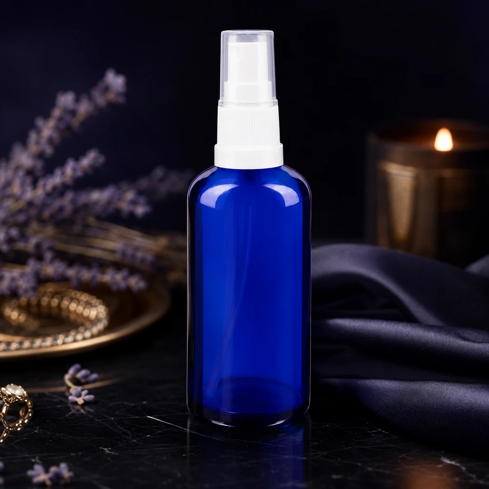 Flacon de pharmacie bleu 50ml embout spray blanc Flacon pulvérisateur de pharmacie de 50 ml, bleu cobalt, avec pompe blanche et décor lavande