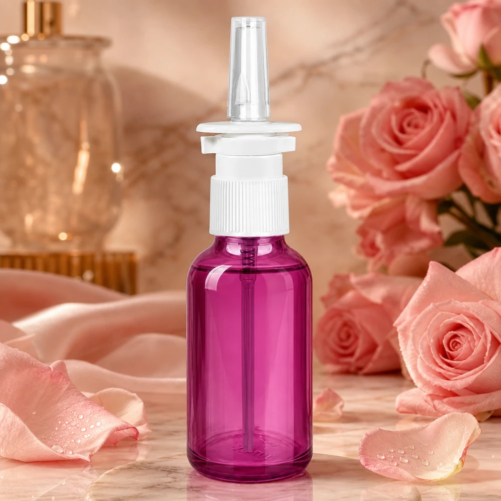 Vaporisateur nasal de 30ml blanc/transparent standard PurpleLine. UT18/30 Petit flacon-pompe de 30 ml au design pourpre, parfait pour les déplacements et l'utilisation mobile du spray nasal.