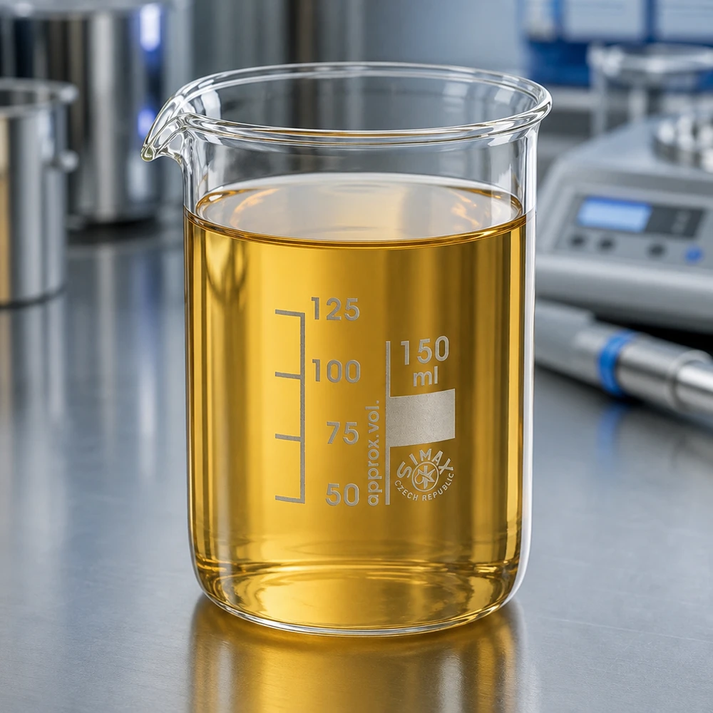 Chimie Bécher 150ml forme basse avec solution ambrée sur poste de travail laboratoire