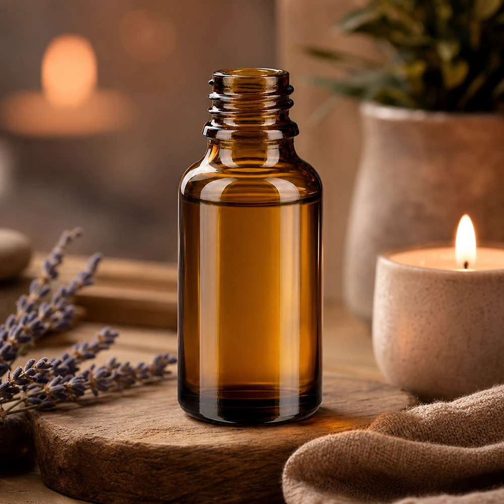 Flacon compte-gouttes 30 ml DIN 18 verre brun forme basse Bouteille d'huiles essentielles ApoGlas brune de 30 ml avec kit d'aromathérapie à la lavande et bougies allumées