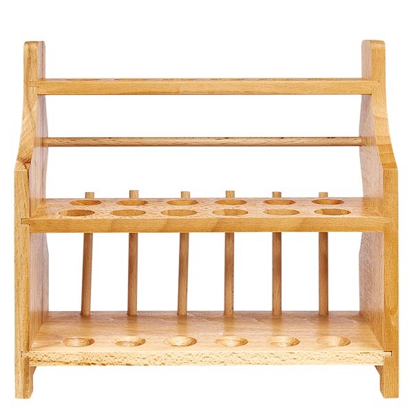Portoirs pour tubes à essai en bois, pour tubes jusqu'à env. 18 mm Ø pour 12 tubes, avec 6 tiges