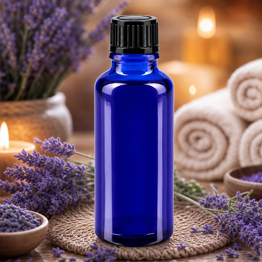 Flacon de pharmacie bleu cobalt de 30 ml avec bouchon compte-gouttes pour huiles essentielles