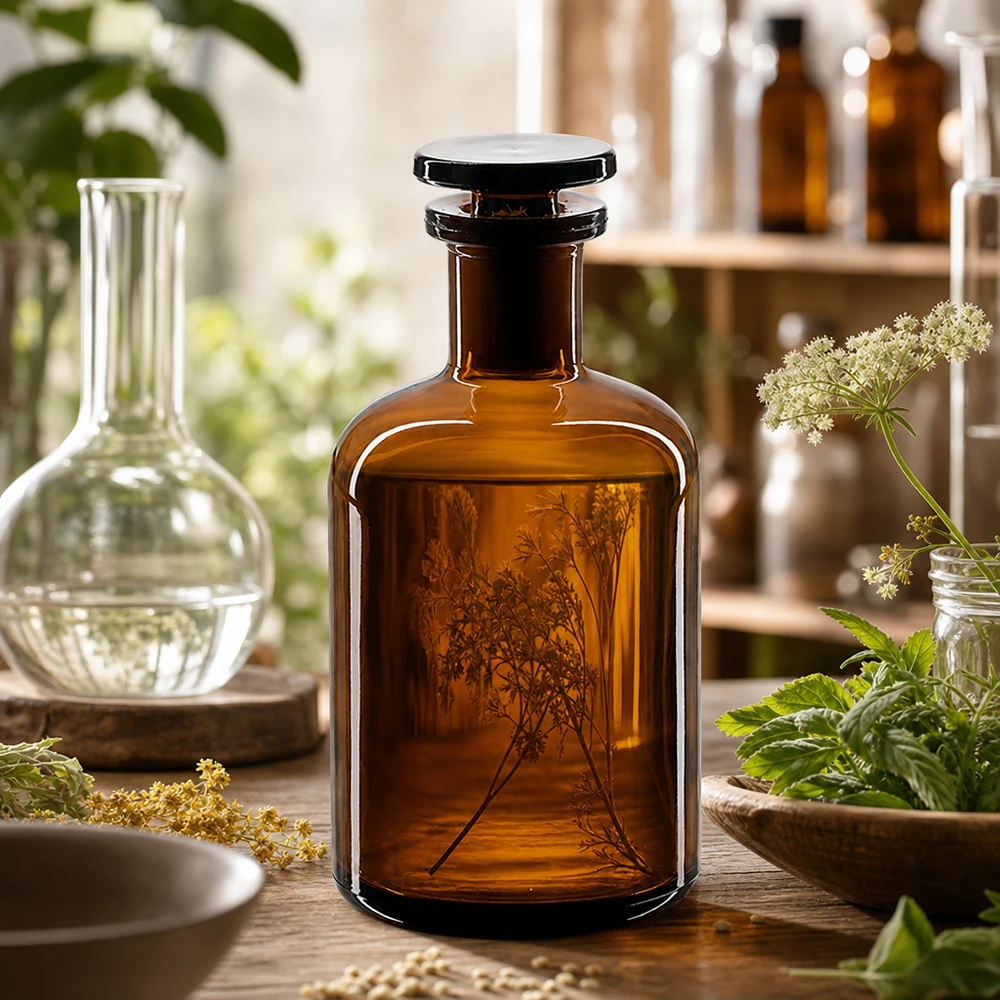 Flacon pharmaceutique 100 ml col étroit en verre ambré + bouchon Flacon de pharmacie classique marron de 100 ml, à épaules arrondies, orné de motifs végétaux