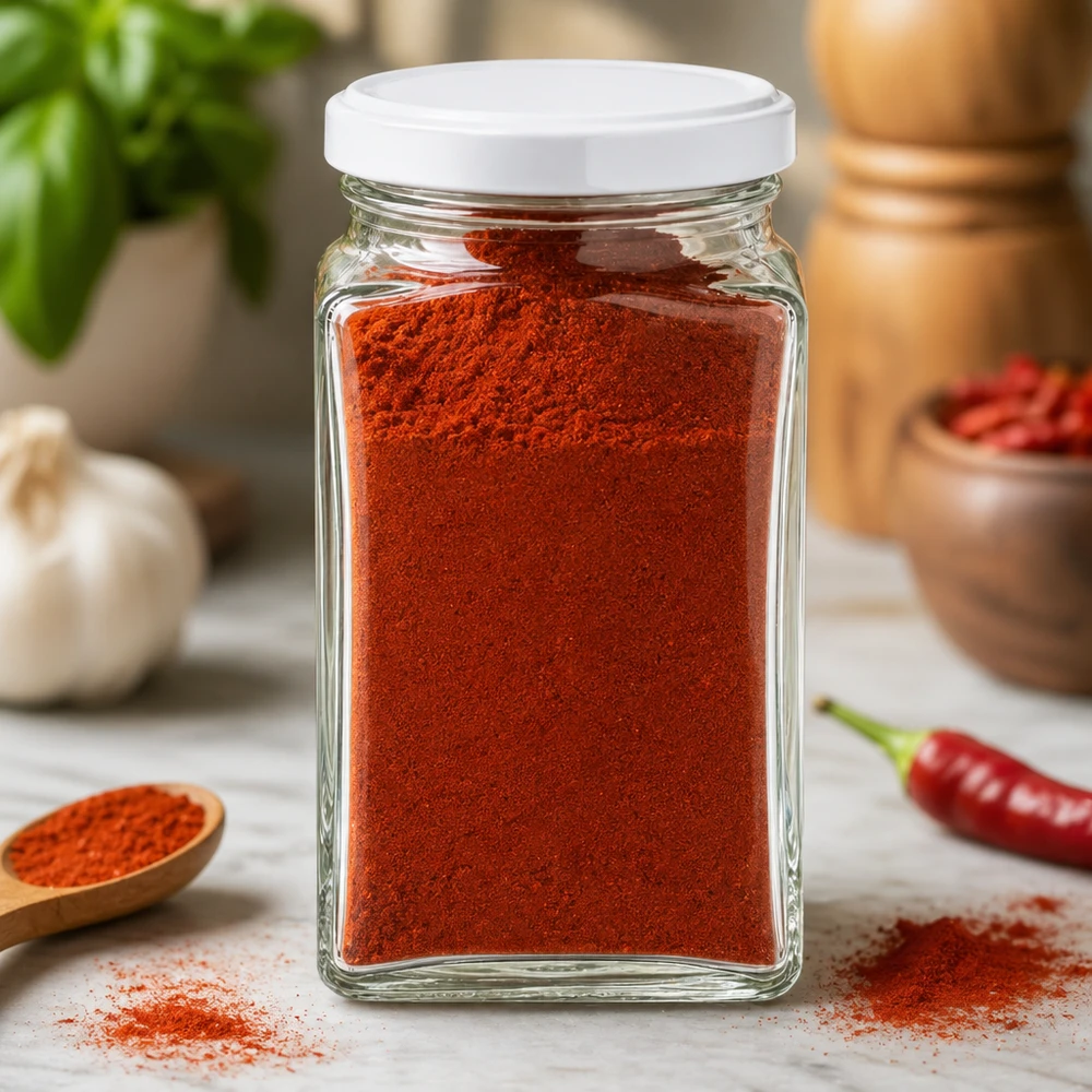 Pot carré de 260ml rempli de poudre de paprika montre une utilisation pratique comme pot à épices avec couvercle blanc