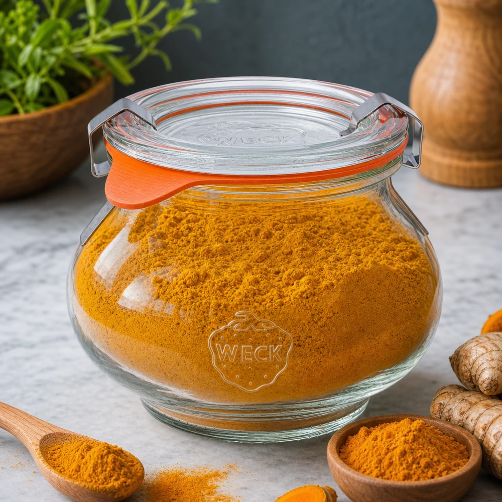 WECK Pot à bijoux 220ml RR60 rempli d'épices au curcuma, conservation parfaite pour les épices et les réserves de cuisine